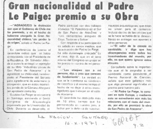 Gran nacionalidad al padre Le Paige: premio a su obra.  [artículo]