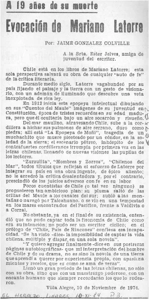 Evocación de Mariano Latorre  [artículo] Jaime González Colville.