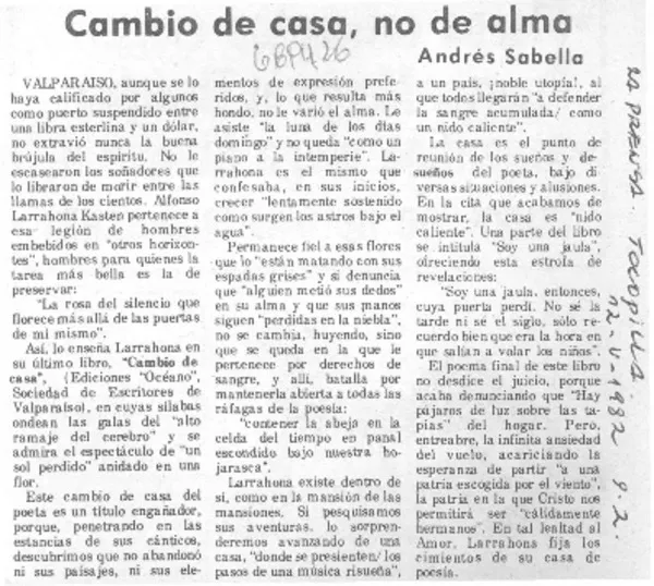 Cambio de casa, no de alma  [artículo] Andrés Sabella.