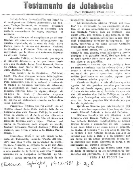 Testamento de Jotabeche  [artículo] Medardo Cano Godoy.