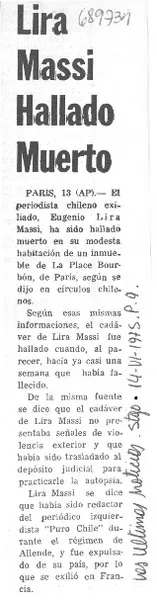 Lira Massi hallado muerto  [artículo]