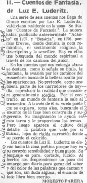 Cuentos de Fantasía  [artículo] Modesto Parera.