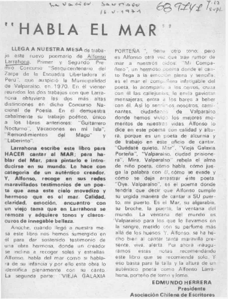 Habla el mar"  [artículo] Edmundo Herrera.