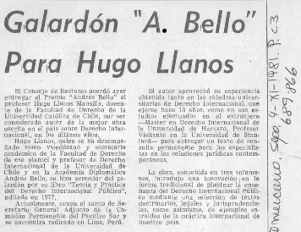 Galardón "A. Bello" para Hugo Llanos.  [artículo]