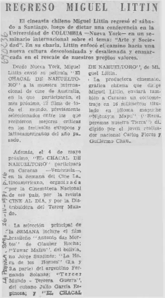 Regresó Miguel Littin.  [artículo]