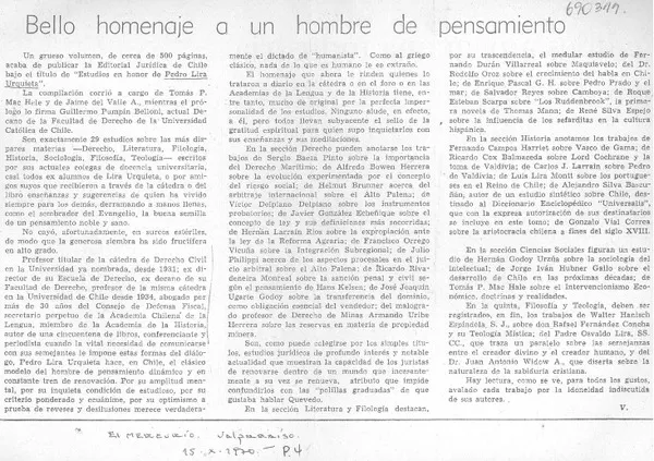 Bello homenaje a un hombre de pensamiento  [artículo] V.