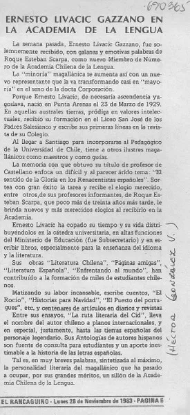 Ernesto Livacic Gazzano en la Academia de la Lengua  [artículo] Héctor González V.