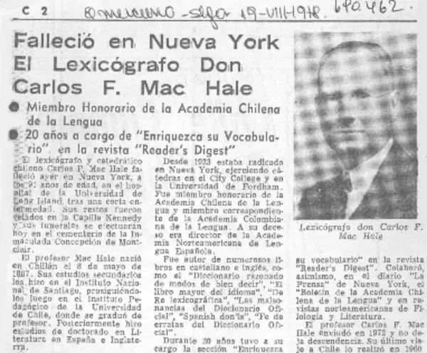 Falleció en Nueva York el lexicógrafo Don Carlos F. Mac Hale.  [artículo]