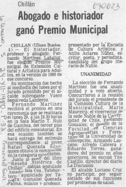 Abogado e historiador ganó premio municipal  [artículo] Ulises Bustos R.