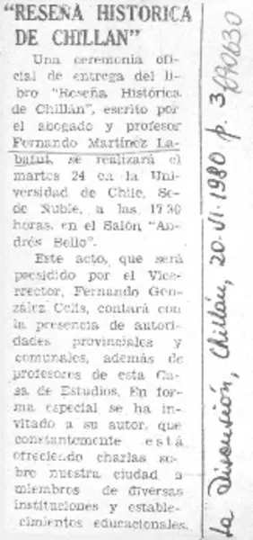 Reseña histórica de Chillán.  [artículo]