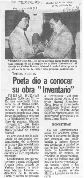 Poeta dio a conocer su obra "Inventario"  [artículo] Enrique Gutiérrez M.