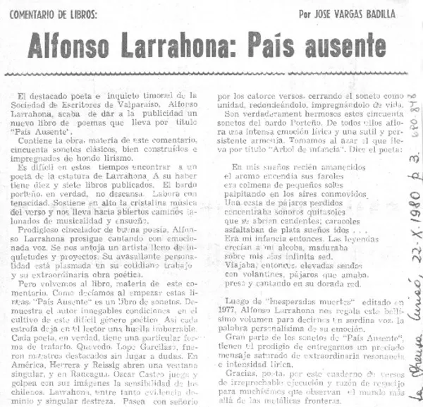 Alfonso Larrahona: País ausente  [artículo] José Vargas Badilla.
