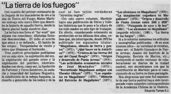 La tierra de los fuegos"  [artículo] Eduardo Tampe.