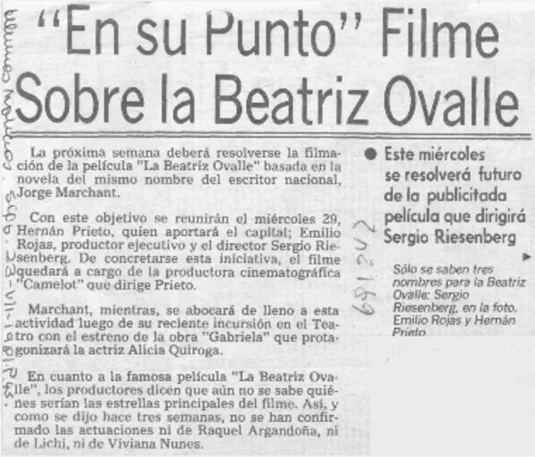 "En su punto" filme sobre la Beatriz Ovalle.  [artículo]