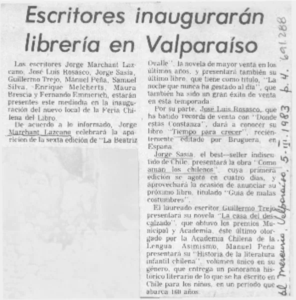 Escritores inaugurarán librería en Valparaíso.  [artículo]