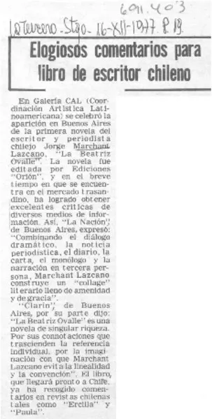 Elogiosos comentarios para libro de escritor chileno.  [artículo]