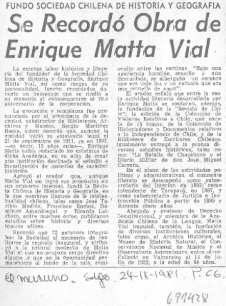 Se recordó obra de Enrique Matta Vial  [artículo]