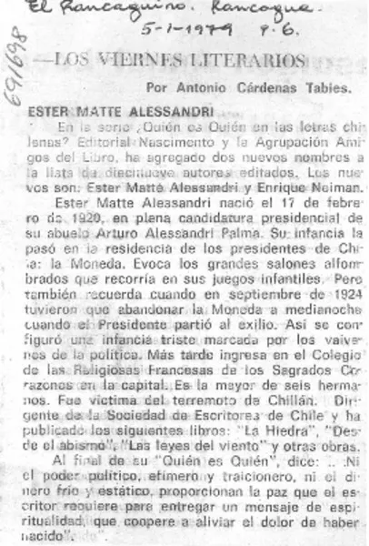 Ester Matte Alessandri  [artículo] Antonio Cárdenas Tabies.