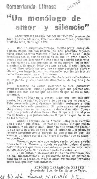 Un monólogo de amor y silencio  [artículo] Alfonso Larrahona Kästen.