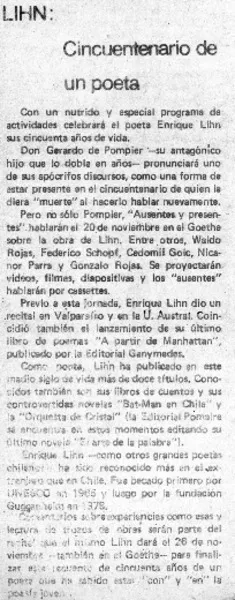 Lihn: Cincuentario de un poeta.  [artículo]