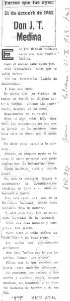 José Toribio Medina  [artículo] Mario Rivas G.