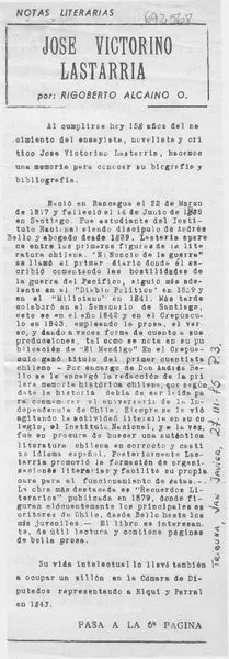 José Victorino Lastarria  [artículo] Rigoberto Alcaíno O.