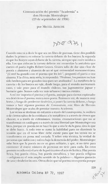 Comunicación del premio "Academia" a don Hernán Montealegre  [artículo] Miguel Arteche.