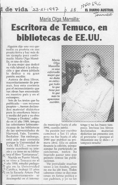Escritora de Temuco, en bibliotecas de EE. UU.  [artículo].