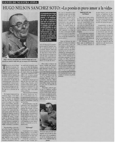 Hugo Nelson Sánchez Soto, "La poesía es puro amor a la vida"  [artículo].