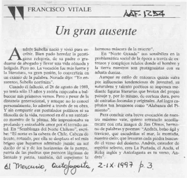Un gran ausente  [artículo] Francisco Vitale.