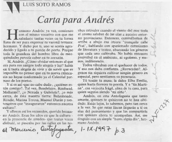 Carta para Andrés  [artículo] Luis Soto Ramos.