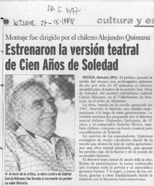 Estrenaron la versión teatral de Cien años de soledad  [artículo] .