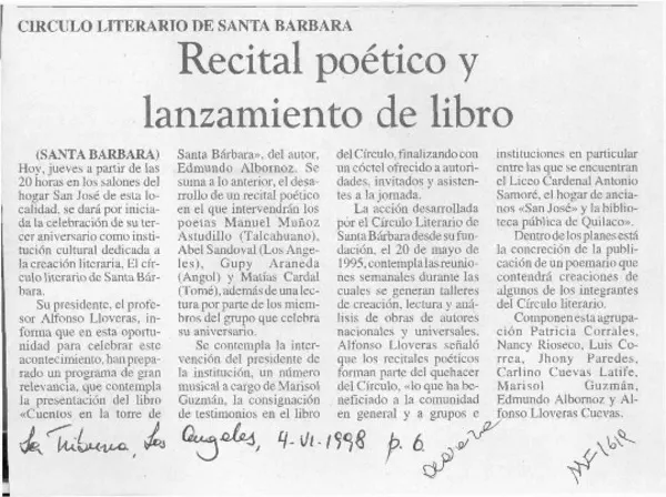 Recital poético y lanzamiento de libro  [artículo].