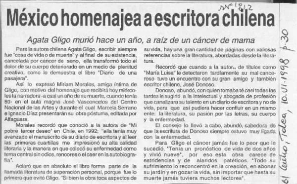 México homenajea a escritora chilena  [artículo].