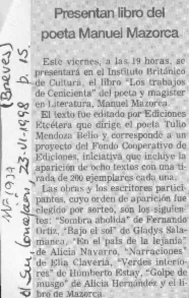 Presentan libro del poeta Manuel Mazorca  [artículo].