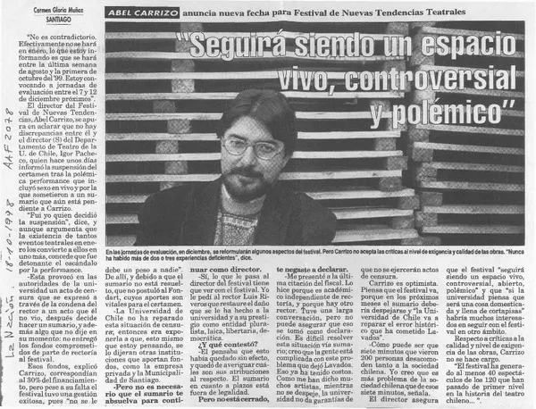 "Seguirá siendo un espacio vivo, controversial y polémico" [entrevista] [artículo] : Carmen Gloria Muñoz.