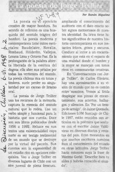La poesía de Jorge Teillier  [artículo] Ramón Riquelme.