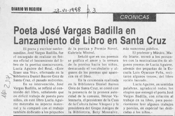 Poeta José Vargas Badilla en lanzamiento de libro en Santa Cruz.  [artículo]
