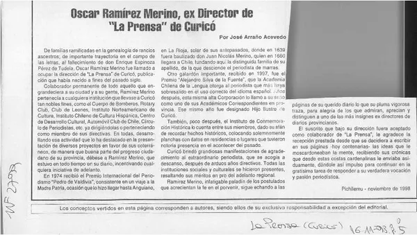 Oscar Ramírez Merino, ex Director de "La Prensa" de Curicó  [artículo] José Arraño Acevedo.