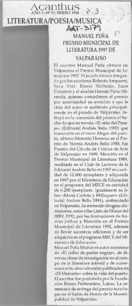 Manuel Peña, Premio Municipal de Literatura 1997 de Valparaíso  [artículo].