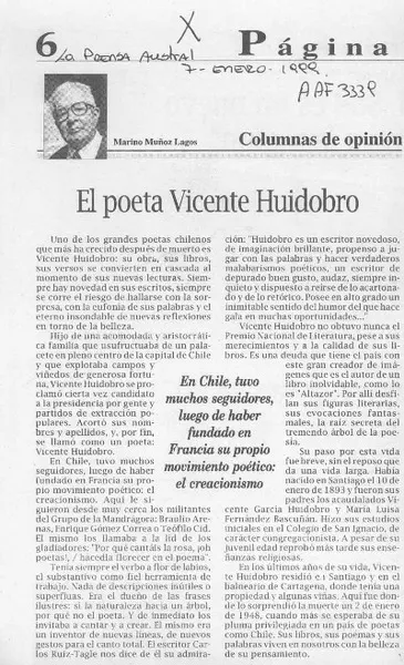 El poeta Vicente Huidobro  [artículo] Marino Muñoz Lagos.