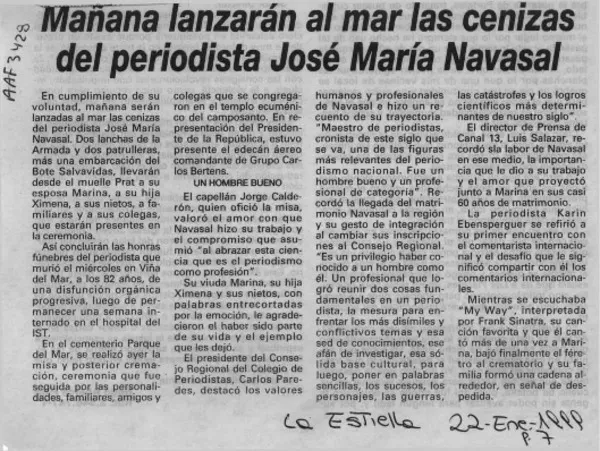Mañana lanzarán al mar las cenizas del periodista José María Navasal  [artículo].