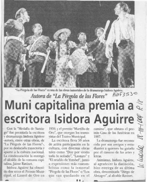 Muni capitalina premia a escritora Isidora Aguirre.  [artículo]