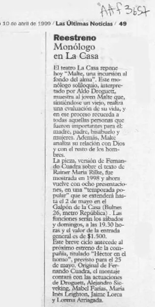Reestreno, monólogo en La Casa  [artículo].