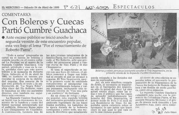 Con boleros y cuecas partió cumbre guachaca  [artículo] Julio Osses.