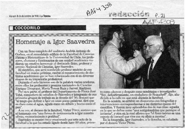Homenaje a Igor Saavedra  [artículo].
