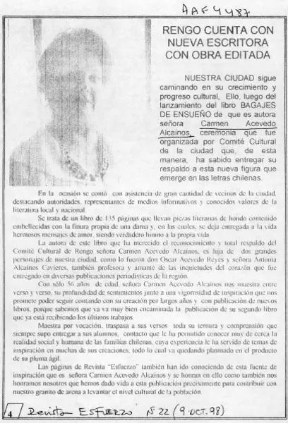 Rengo cuenta con nueva escritora con obra editada.  [artículo]
