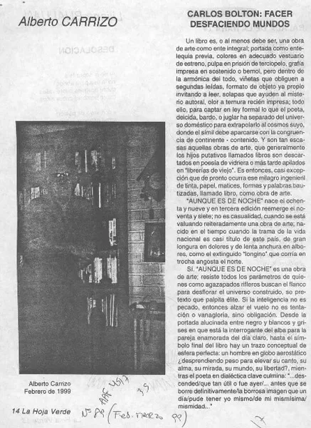 Carlos Bolton, facer desfaciendo mundos  [artículo] Alberto Carrizo.