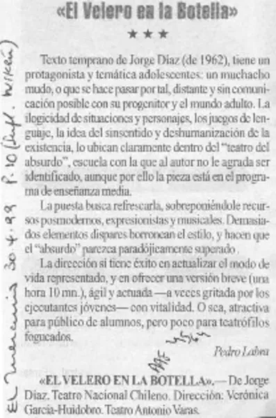 "El velero en la botella"  [artículo] Pedro Labra.