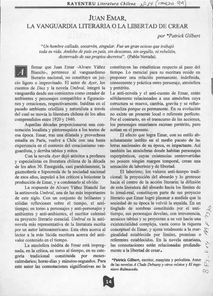 Juan Emar, la vanguardia literaria o la libertad de crear  [artículo] Patrick Gilbert.